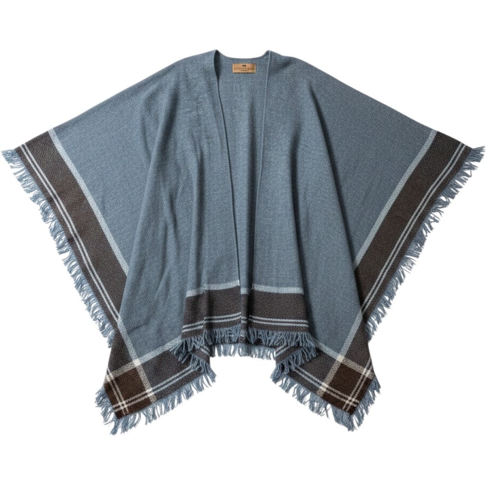 Lands Downunder Blue Wool Blend Fringe Poncho Wrap Shawl Made in Italy